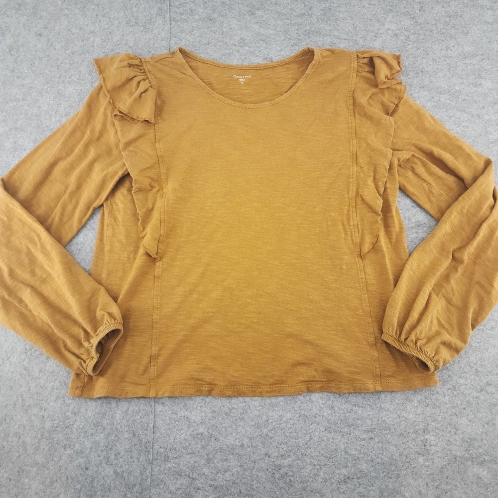 Garnet Hill Medium |‎ Mustard Yellow Ruffle Trim Long Sleeve Slub Knit Tee Women